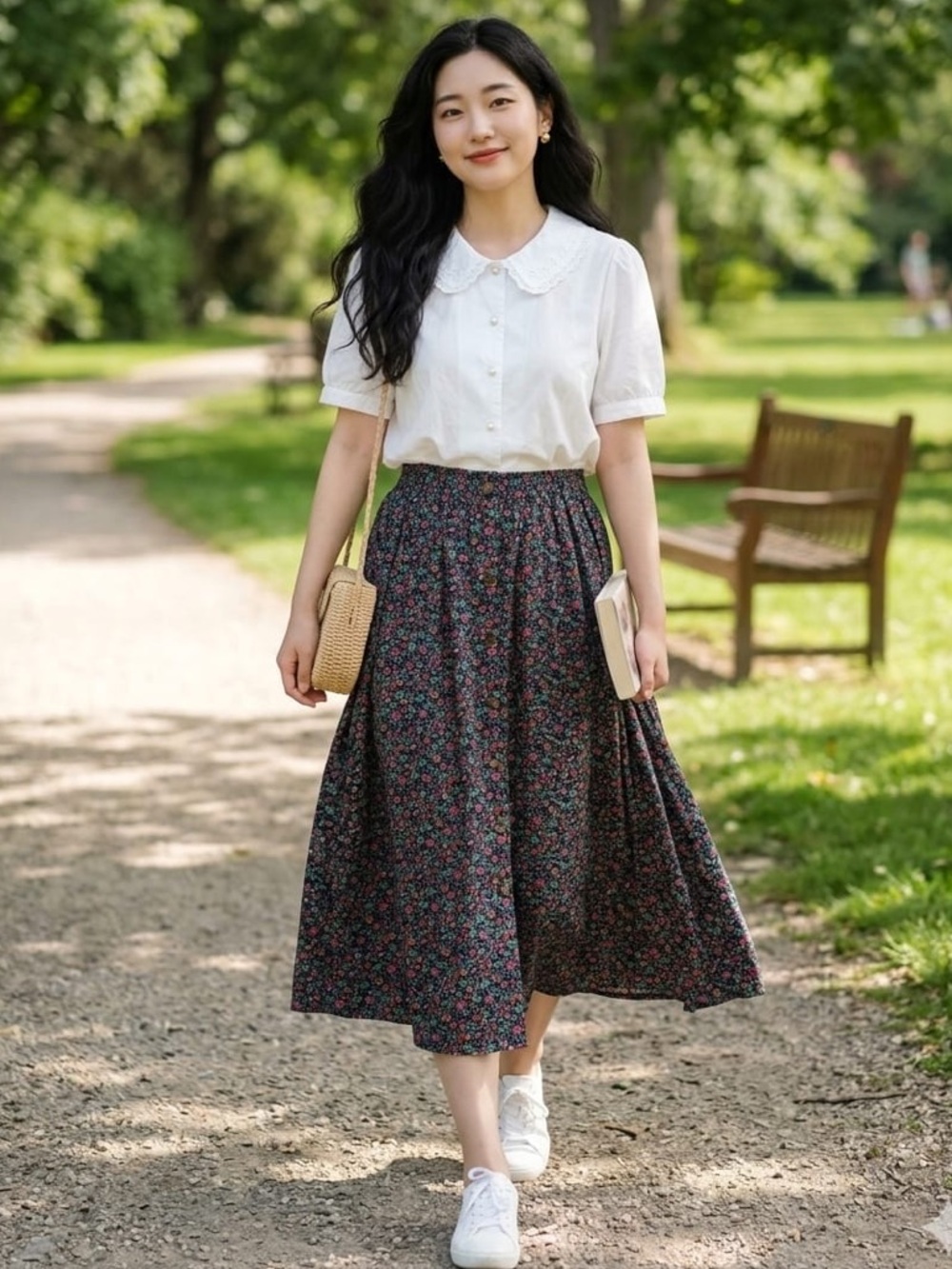 Vintage Navy Floral Midi Skirt